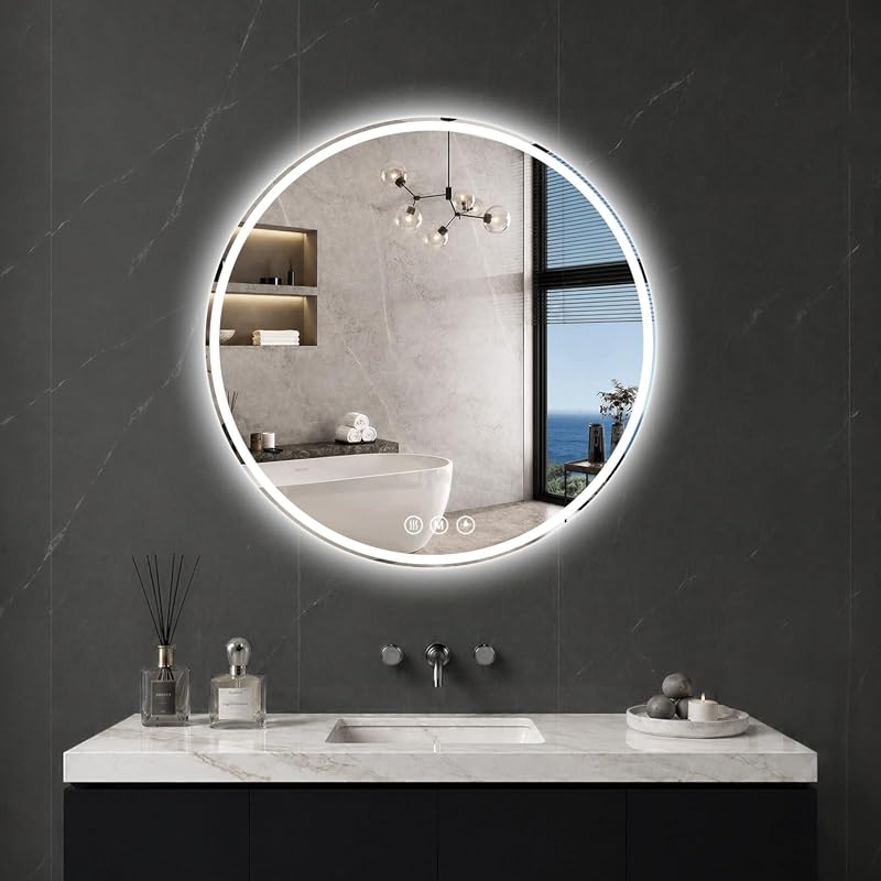 24 Inch Round LED Bathroom Mirror, Shatterproof HD Glass with Dimmable