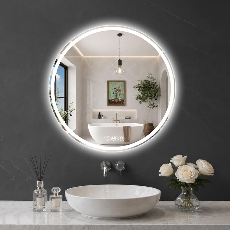 28 Inch Round LED Bathroom Mirror, Shatterproof HD Glass with Dimmable