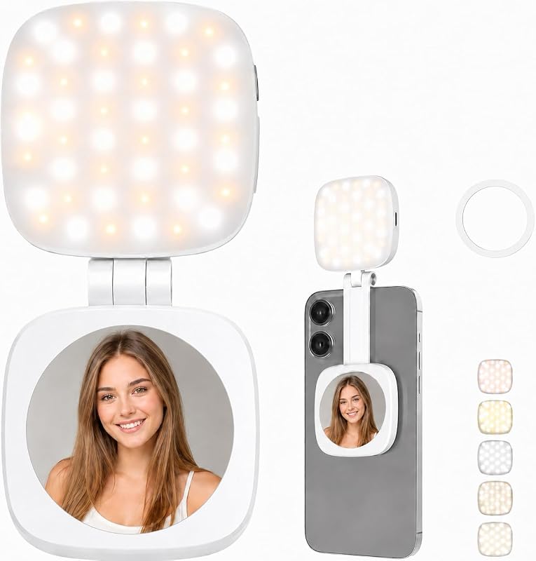 Portable Magnetic LED Selfie Light with Mirror, 5 Color Modes and 360-