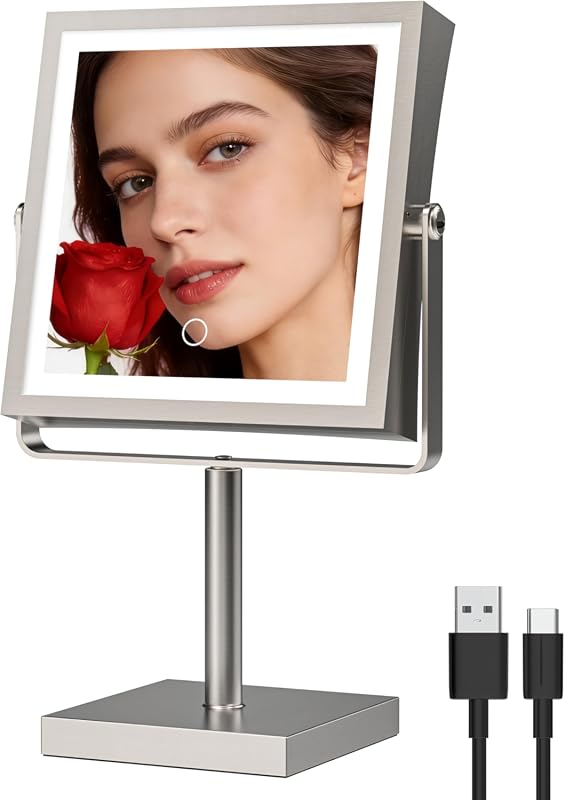 Ruacq Height Adjustable Makeup Mirror with LED Lights, 1X/10X Magnific