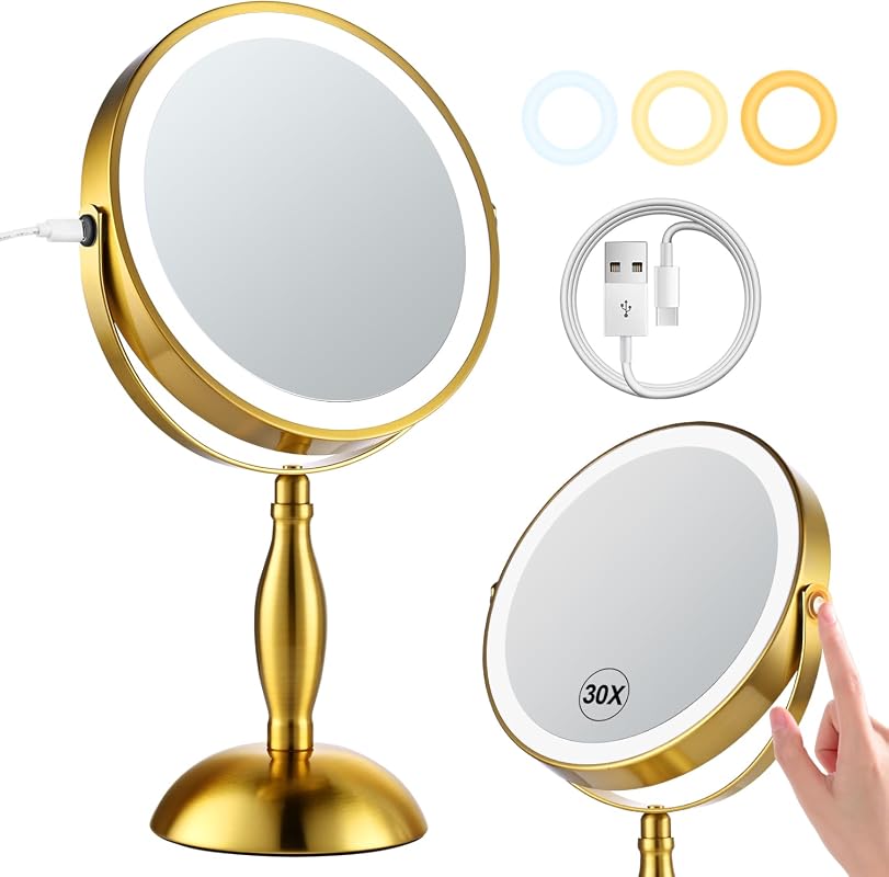 Portable Makeup Mirror with LED Lights, High Definition 30X Magnifying
